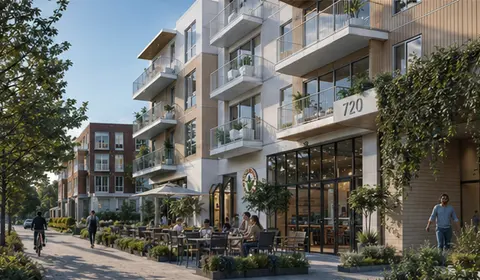 Rendu architectural de Belle-Vue-sur-le-Fleuve : rue commerçante, terrasse et logements aux étages